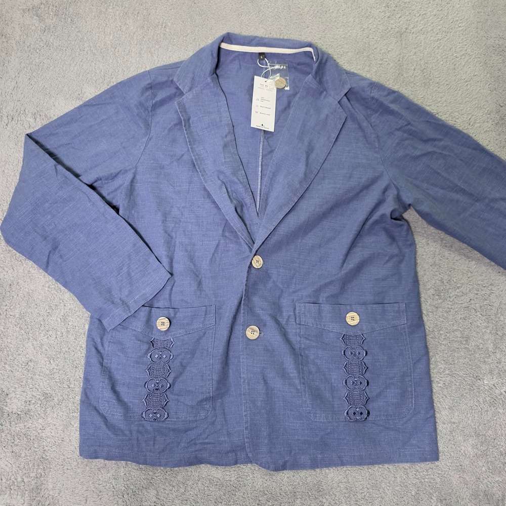 Unbranded Mens Large Blazer Blue Linen Blend Embroidered Patch Pockets XR22.A833
